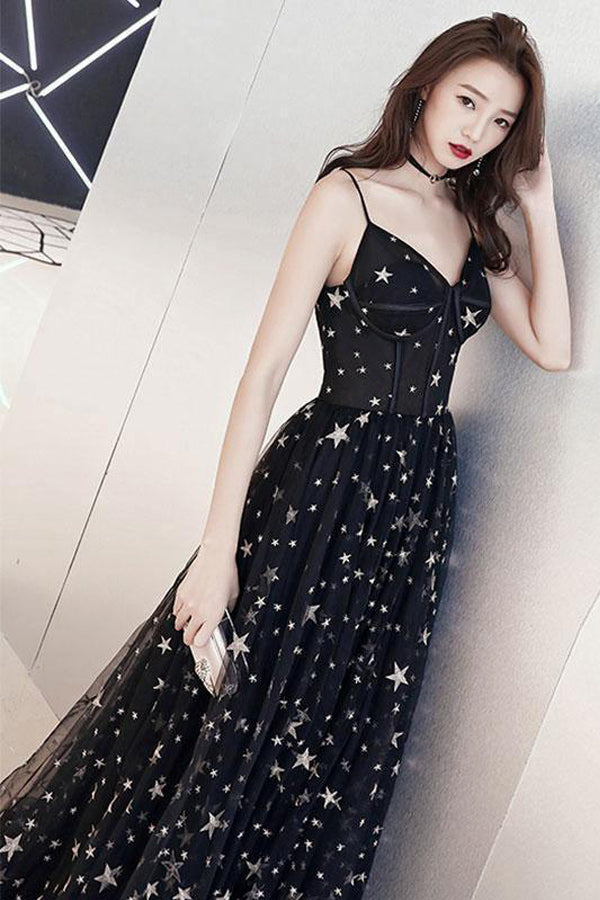 A-line Star Lace Beautiful Chic Black Long Prom Dress PSK173-Pgmdress