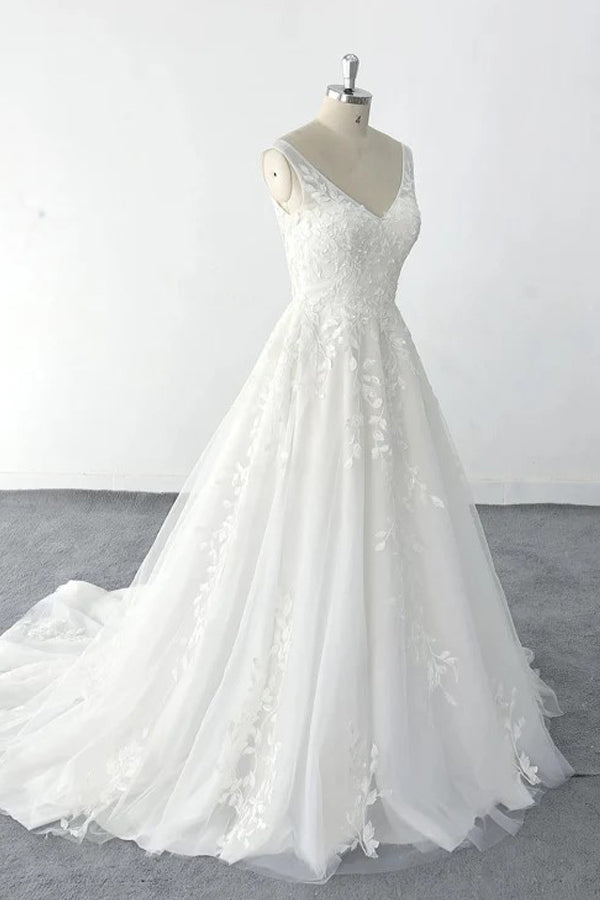 Robe de mariée trapèze légère en dentelle à motif de feuilles d'arbre 3D