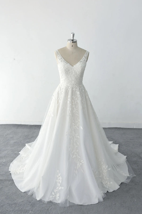 A-line Light Wedding Dress 3D Tree Leaf Lace Beach Wedding Dress-Pgmdress