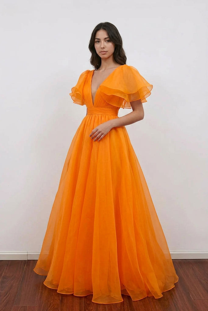 A-line Plunge V Ruffled Sleeve Hot Pink Long Prom Dress Formal Dress-Pgmdress