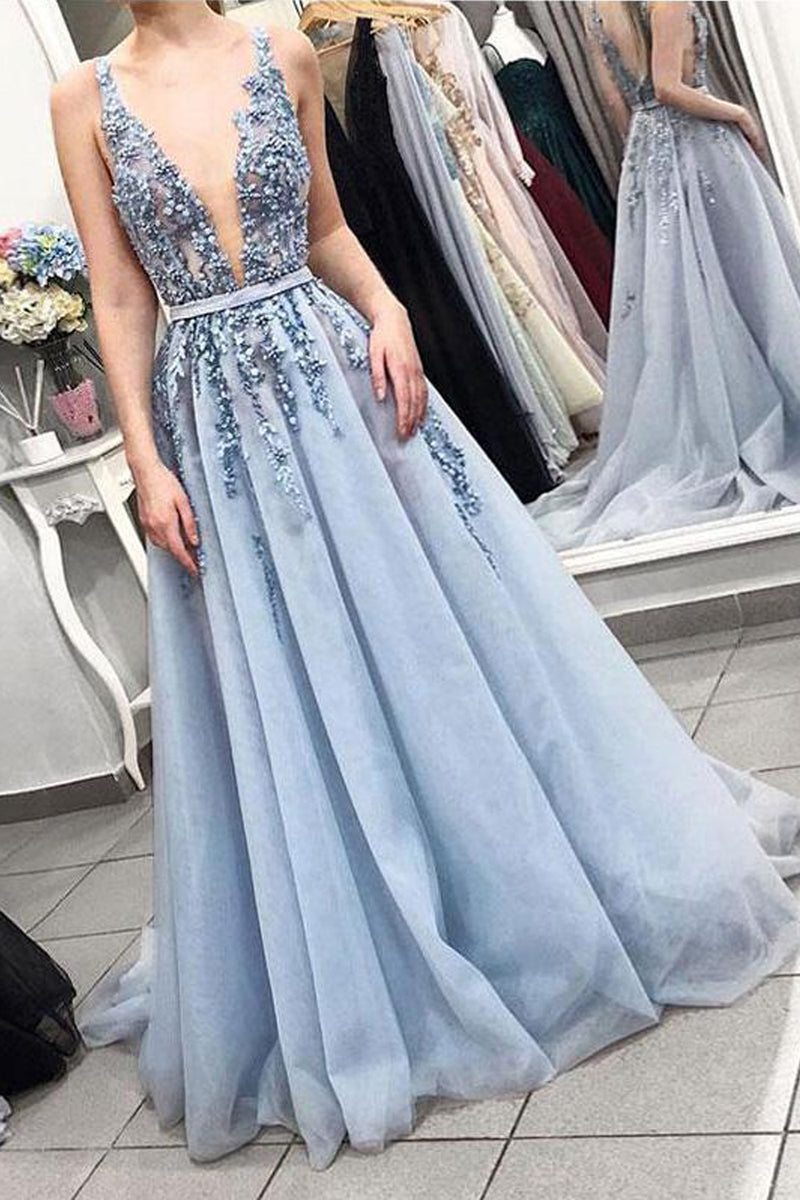 A-line V Neck Plunging Neck Light Blue Prom Dress with Beading PM239