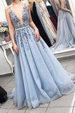 A-line V Neck Plunging Neck Light Blue Prom Dress with Beading PM239