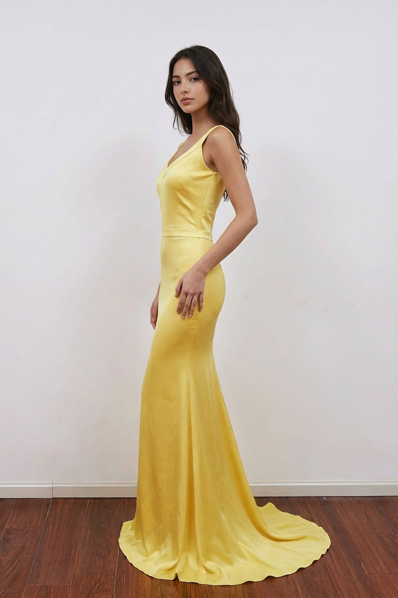 A-line V Neck Yellow Satin Long Prom Dress Formal Gown-Pgmdress