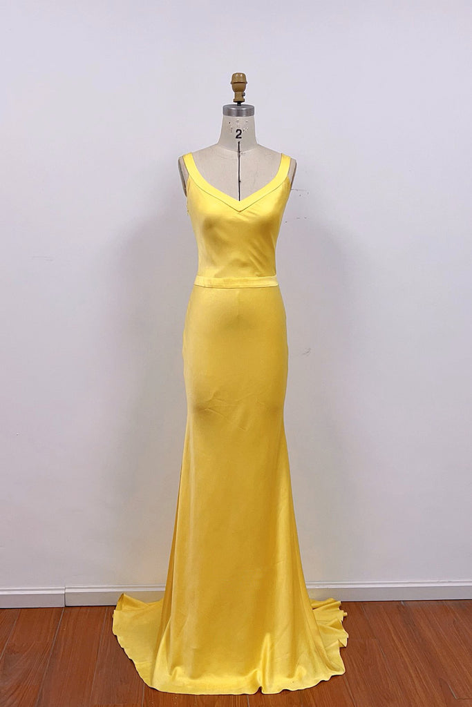 A-line V Neck Yellow Satin Long Prom Dress Formal Gown-Pgmdress