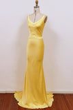 A-line V Neck Yellow Satin Long Prom Dress Formal Gown