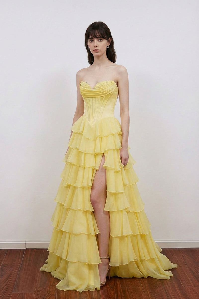 A Line Appliques Bodice Layers Yellow Prom Dress Party Dress-Pgmdress