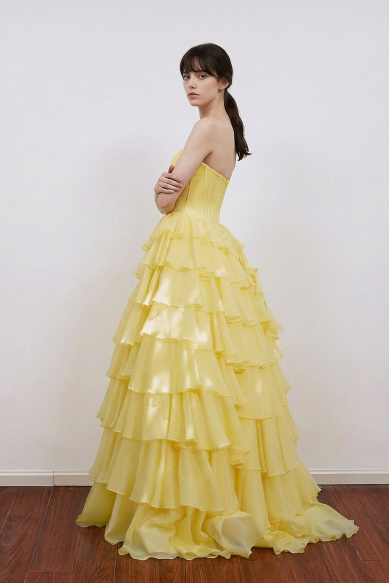 A Line Appliques Bodice Layers Yellow Prom Dress Party Dress-Pgmdress