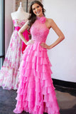 A Line Backless Halter Neck Beaded Pink Lace Long Prom Dresses PSK560-Pgmdress
