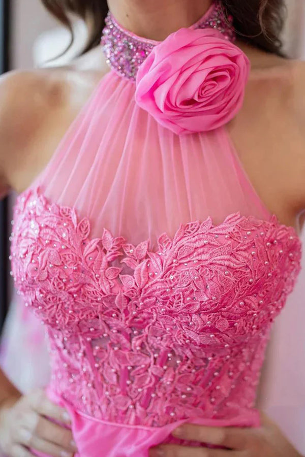 A Line Backless Halter Neck Beaded Pink Lace Long Prom Dresses PSK560-Pgmdress