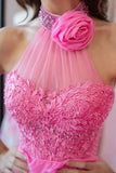 A Line Backless Halter Neck Beaded Pink Lace Long Prom Dresses PSK560-Pgmdress