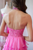 A Line Backless Halter Neck Beaded Pink Lace Long Prom Dresses PSK560-Pgmdress