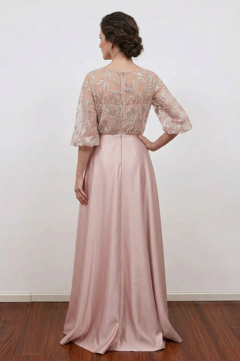 A Line Boat Neck Ruched Long Floral Blush Mother of the Bride Dress-Pgmdress