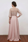A Line Boat Neck Ruched Long Floral Blush Mother of the Bride Dress-Pgmdress