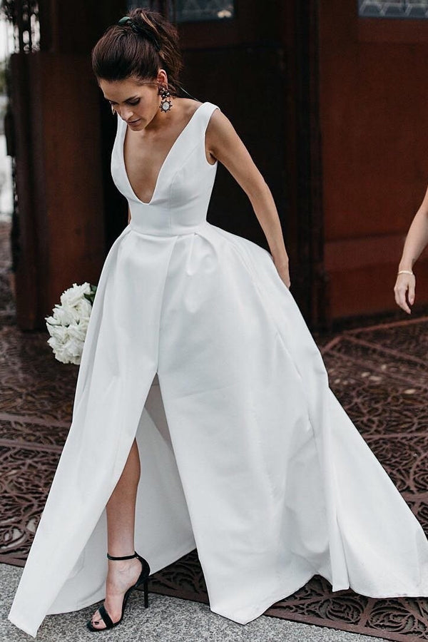 A Line Deep V Neck Open Back White Long Wedding Dresses Bridal Gown WD641-Pgmdress