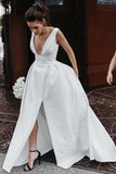 A Line Deep V Neck Open Back White Long Wedding Dresses Bridal Gown WD641-Pgmdress