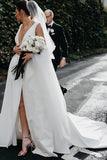 A Line Deep V Neck Open Back White Long Wedding Dresses Bridal Gown WD641-Pgmdress