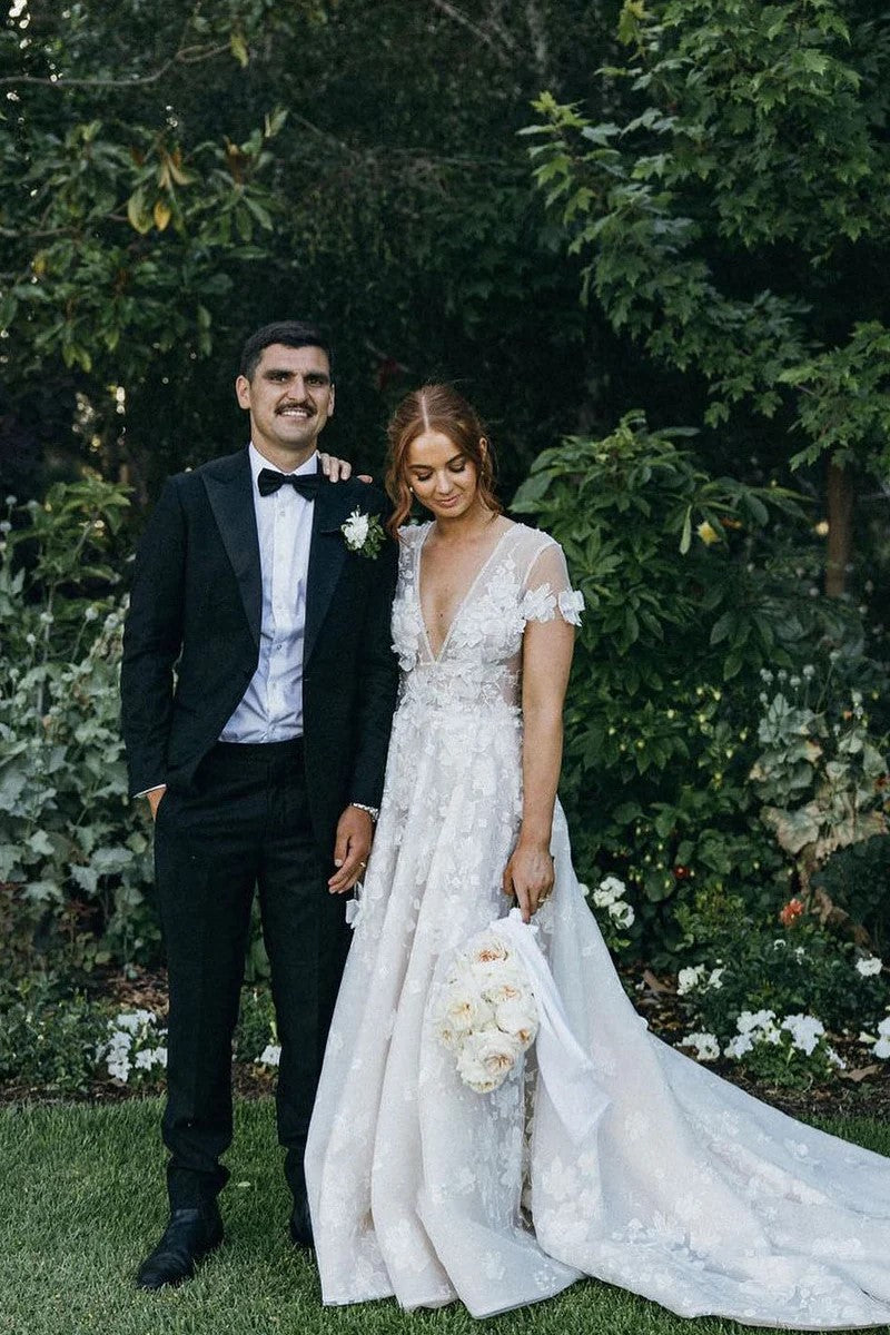 A Line Deep V Neck Tulle 3D Lace Fairy Wedding Dress WD774-Pgmdress