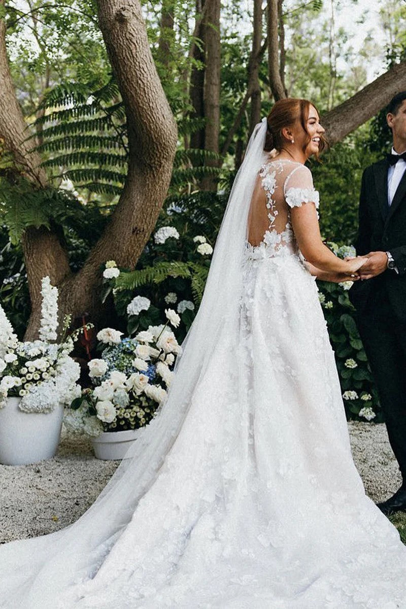 A Line Deep V Neck Tulle 3D Lace Fairy Wedding Dress WD774-Pgmdress