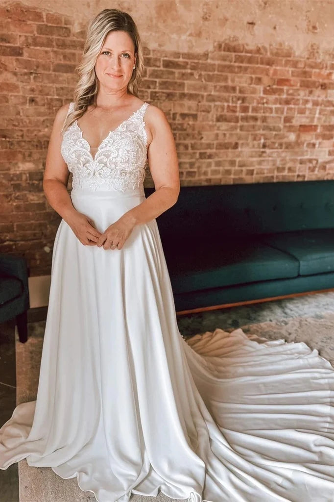 A Line Ivory Floral Lace Open Back Long Wedding Dresses WD686-Pgmdress