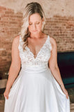 A Line Ivory Floral Lace Open Back Long Wedding Dresses WD686-Pgmdress