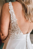 A Line Ivory Floral Lace Open Back Long Wedding Dresses WD686-Pgmdress
