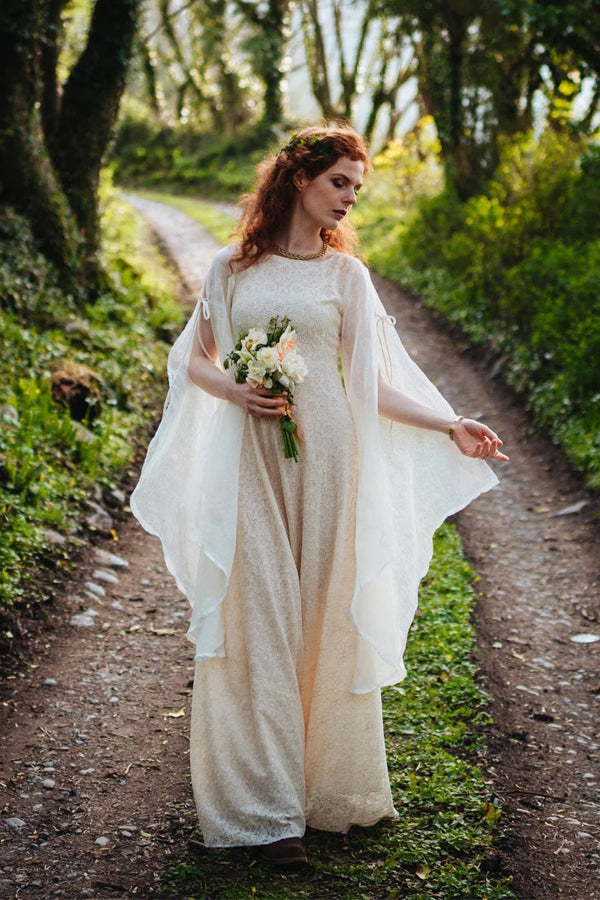 A Line Lace Long Sleeves Boho Wedding Dress Fairytale Bridal Dress-Pgmdress