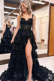 A Line Lace Tiered Stunning Pink Prom Dress Evening Dress With Split PSK456