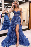 A Line Lace Tiered Stunning Prom Dress Evening Dress With Split PSK456