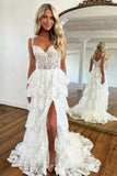A Line Lace Tiered Stunning Prom Dress Evening Dress With Split PSK456