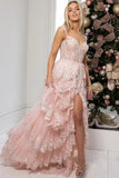 A Line Lace Tiered Stunning Prom Dress Evening Dress With Split PSK456