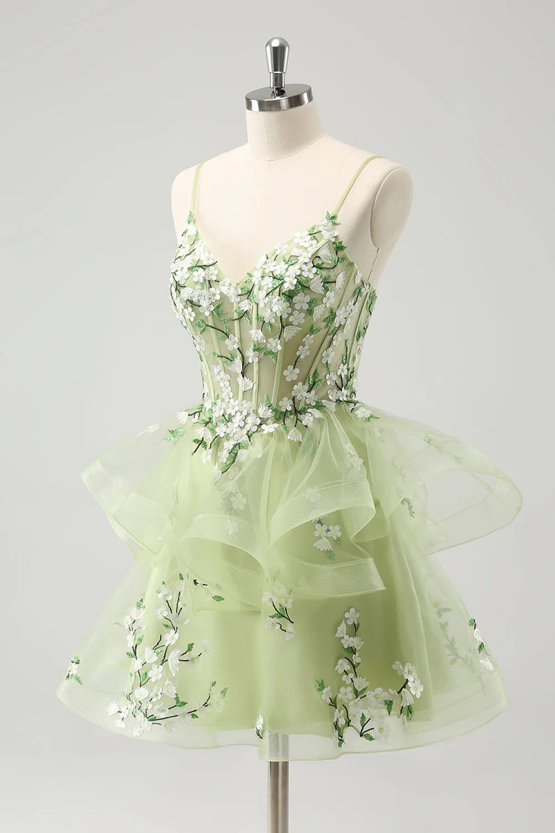 A Line Light Green Corset Short Homecoming Dress with 3D Flowers-Pgmdress