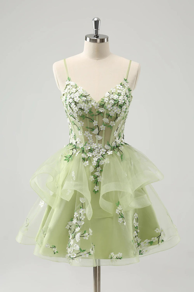A Line Light Green Corset Short Homecoming Dress with 3D Flowers-Pgmdress