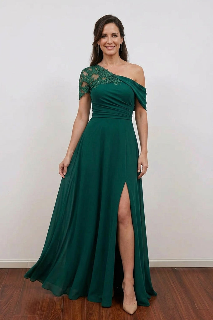 A Line Long Appliqued Dark Green Mother of the Bride Dress with Slit US2 / Dark Green