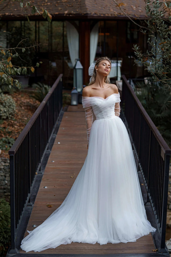 A Line Off The Shoulder White Tulle Beach Wedding Dress WD773-Pgmdress