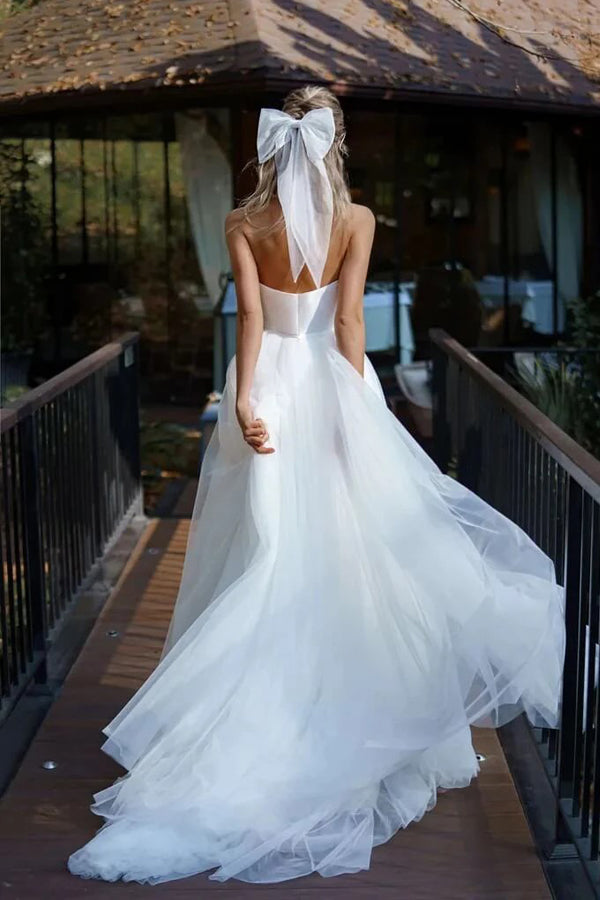 A Line Off The Shoulder White Tulle Beach Wedding Dress WD773-Pgmdress