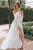 A Line Off the Shoulder Tulle Long Sleeves Fairy Wedding Dress-Pgmdress