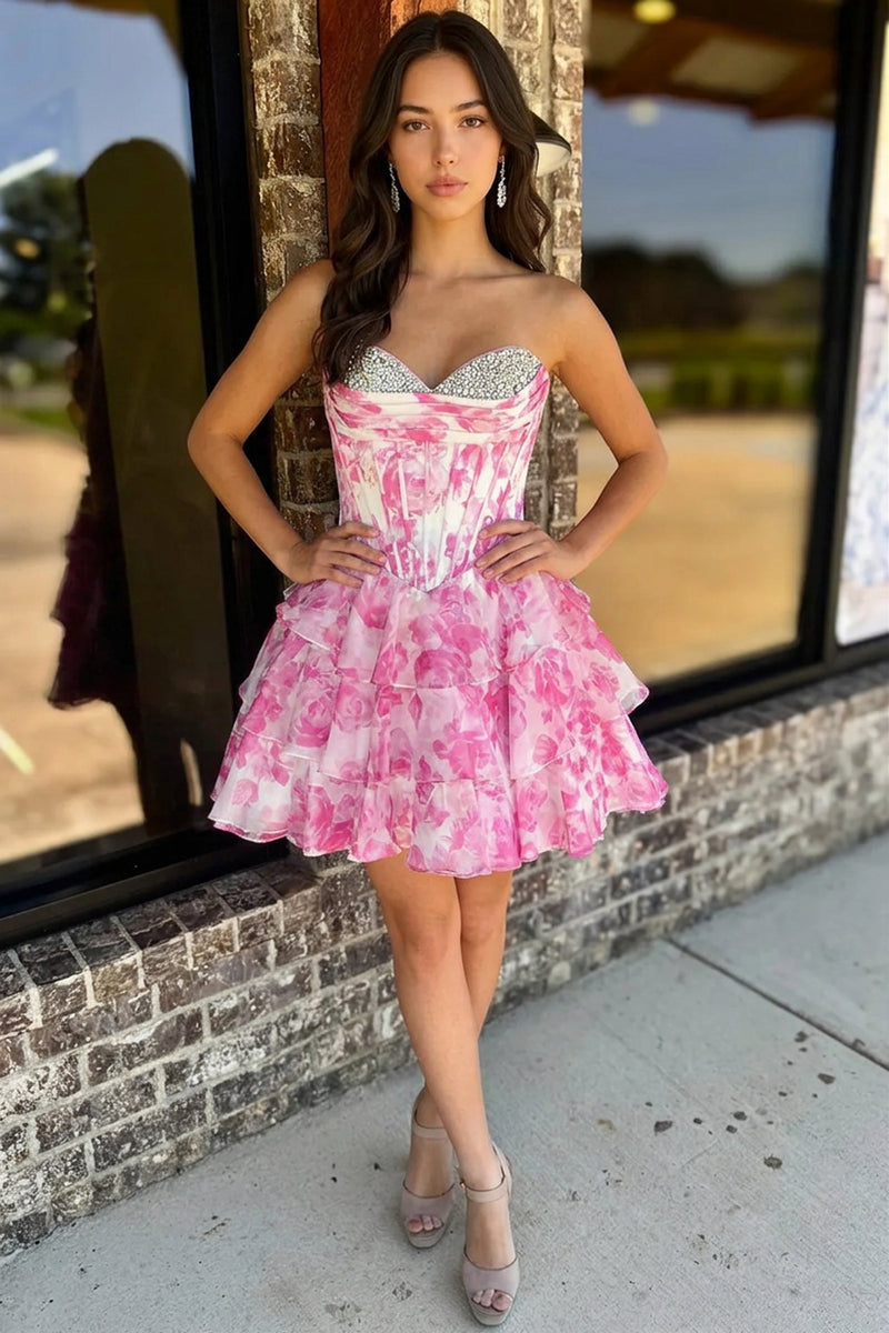 A Line Pink Corset Short Floral Homecoming Dress with Beading-Pgmdress