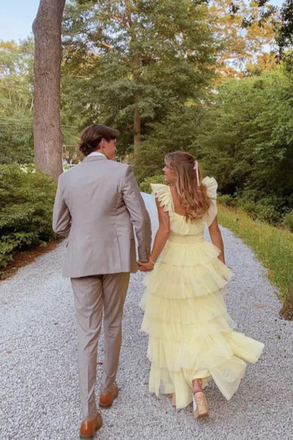 A Line Princess Tulle Layered Yellow Long Prom Dress PSK598-Pgmdress