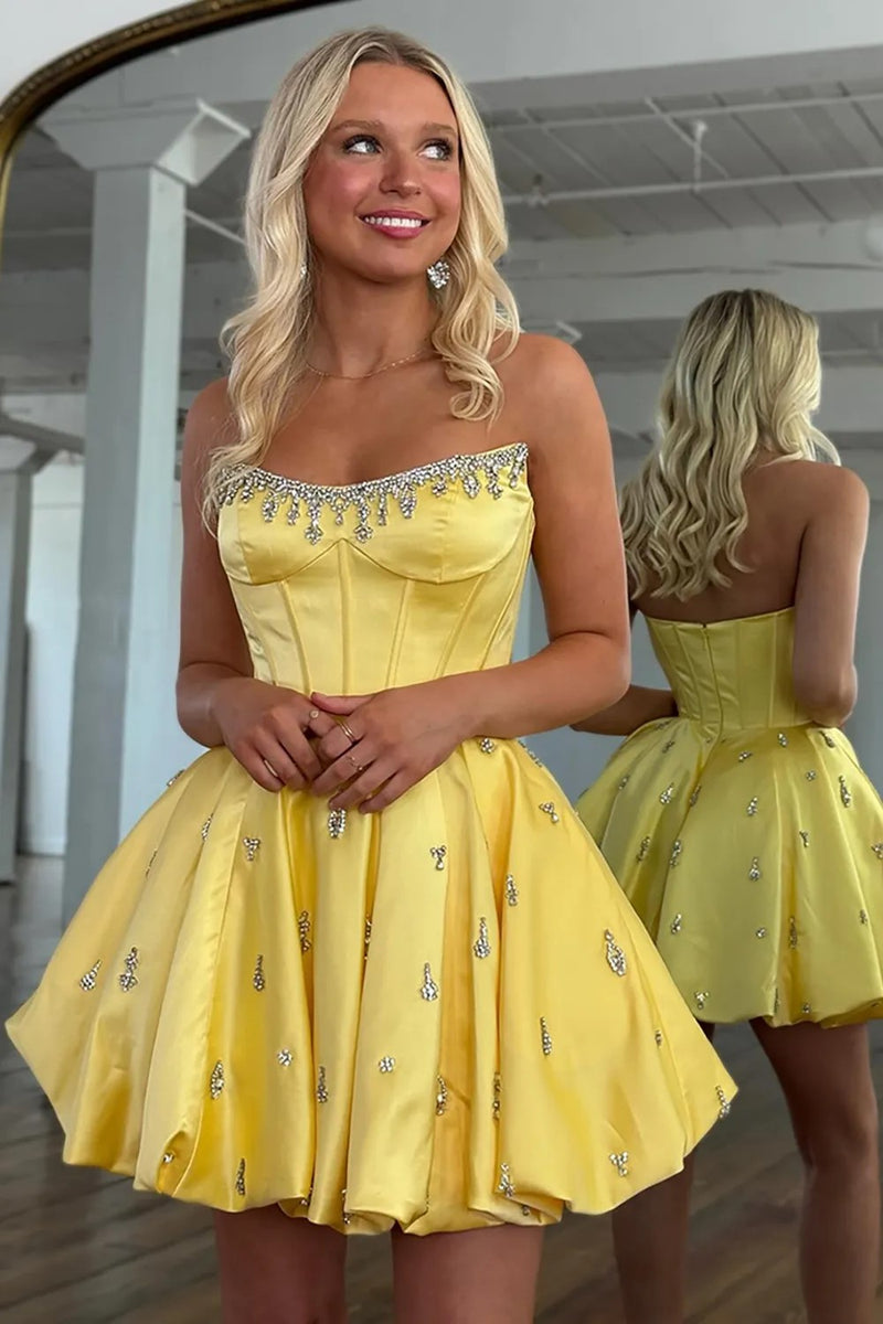 A Line Satin Short Cute Yellow Homecoming Dress Party Dress with Beading-Pgmdress