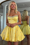 A Line Satin Cute Yellow Homecoming Dress Party Dress with Beading