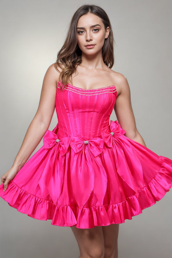 A Line Short Strapless Corset Fuchsia Homecoming Dress With Bows-Pgmdress