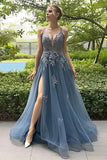 A Line Spaghetti Straps Corset Back Long Prom Dress With Appliques  PSK515-Pgmdress