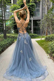 A Line Spaghetti Straps Corset Back Long Prom Dress With Appliques  PSK515-Pgmdress