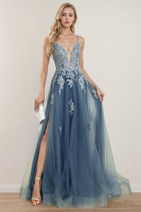 A Line Spaghetti Straps Grey Blue Long Prom Dress With Split