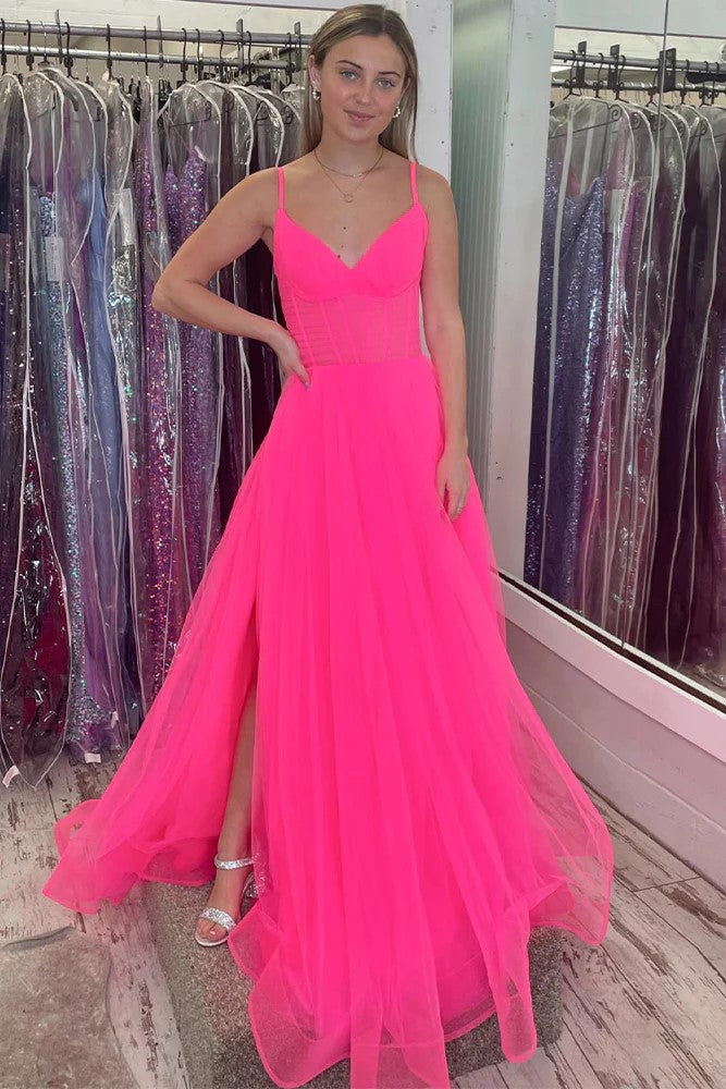 A Line Spaghetti Straps Hot Pink Long Tulle Prom Dress PSK458-Pgmdress
