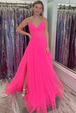 A Line Spaghetti Straps Hot Pink Long Tulle Prom Dress PSK458