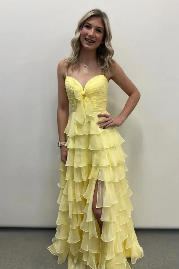A Line Spaghetti Straps Ruffles Yellow Prom Dress with Flower PSK706-Pgmdress