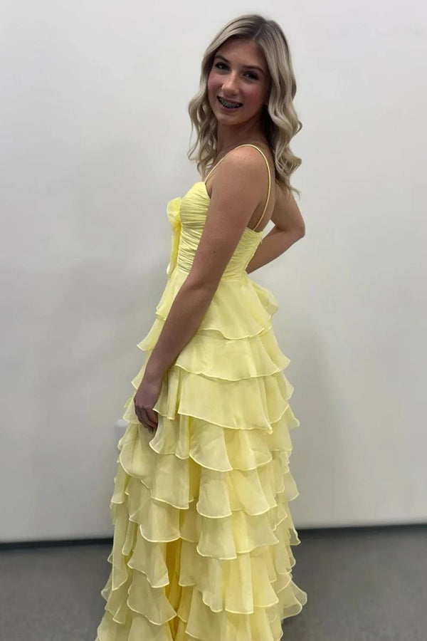 A Line Spaghetti Straps Ruffles Yellow Prom Dress with Flower PSK706-Pgmdress