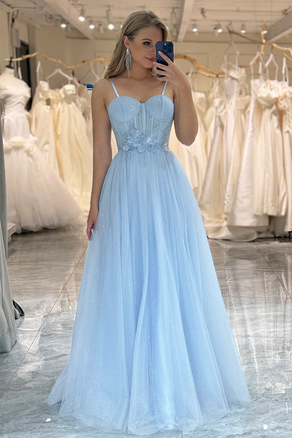 A Line Spaghetti Straps Tulle Blue Sparkly Prom Dress PSK473-Pgmdress