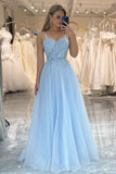 A Line Spaghetti Straps Tulle Blue Sparkly Prom Dress PSK473